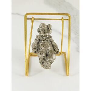Mini Pewter Clown On Brass Swing 3 1/4" Figurine 90's George Good Home Decor Vtg